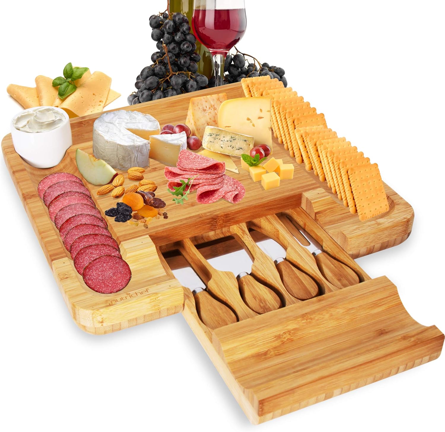 Wooden Serving Tray - Bamboo Cheese Cutting Board Set -