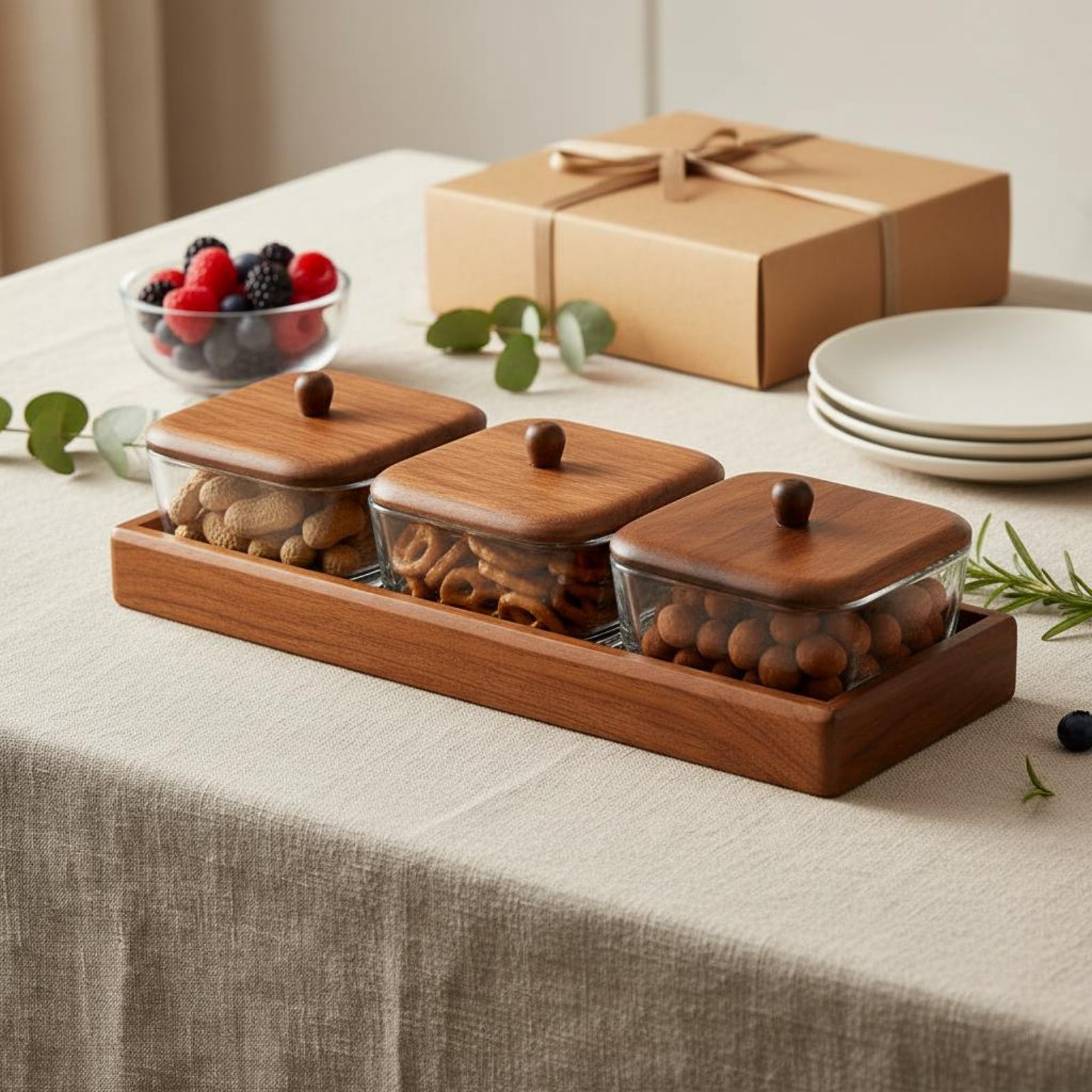 Wooden Serving Tray - Glass Relish Dish Set with Wooden