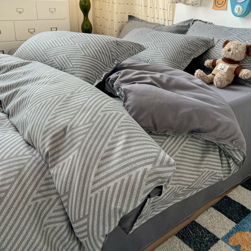 4PC Grey Geometric Bedding Set - Linen Duvet Cover บทวิจารณ์และราคา