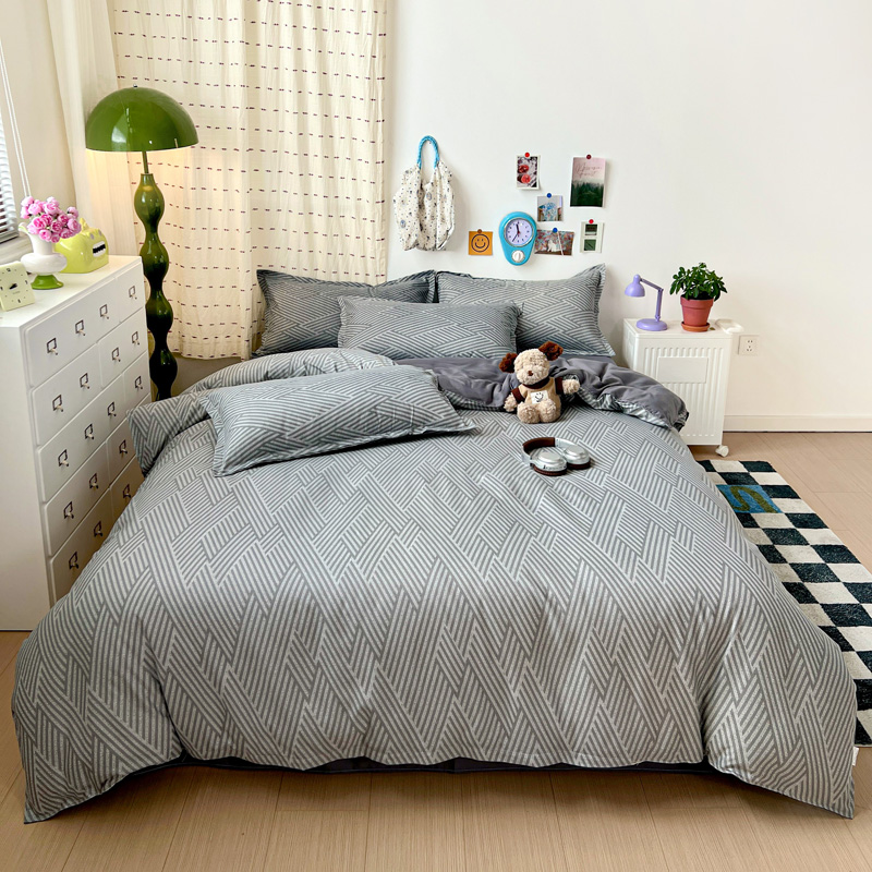 4PC Grey Geometric Bedding Set - Linen Duvet Cover บทวิจารณ์และราคา