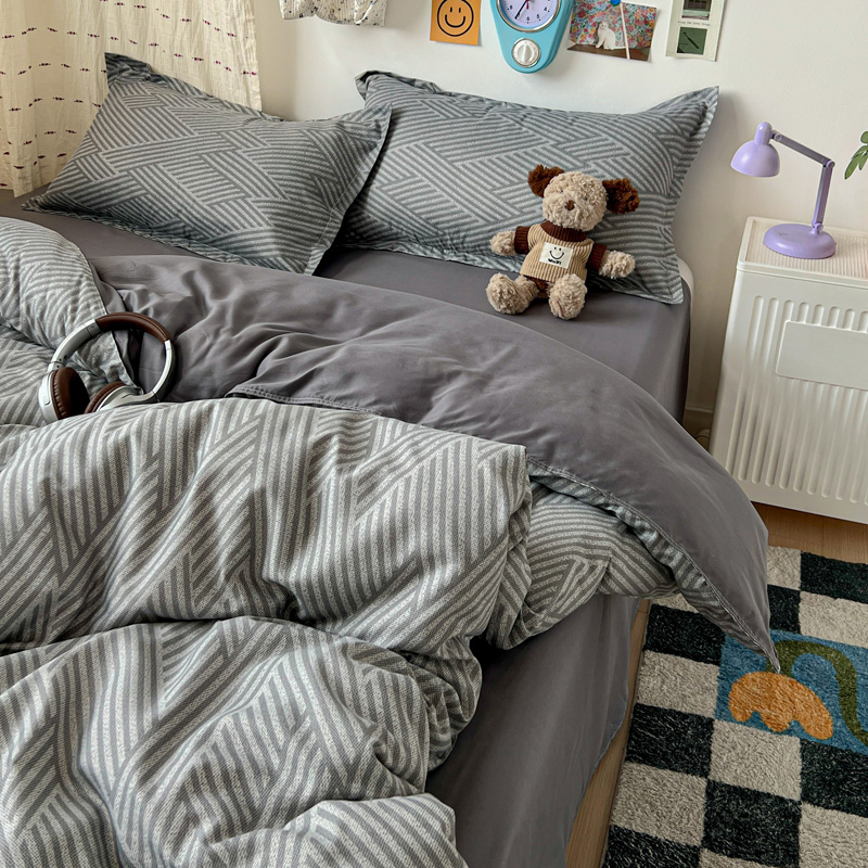 4PC Grey Geometric Bedding Set - Linen Duvet Cover บทวิจารณ์และราคา