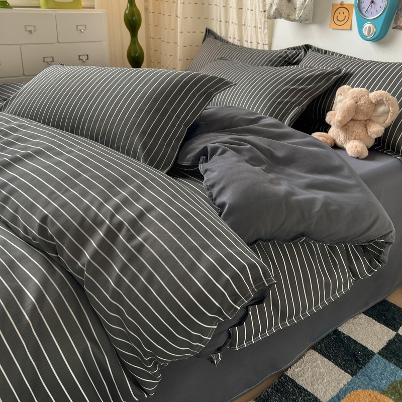 4PCS Grey Striped Bedding Set  - Linen Duvet Cover บทวิจารณ์และราคา