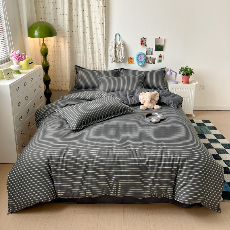 4PCS Grey Striped Bedding Set  - Linen Duvet Cover บทวิจารณ์และราคา
