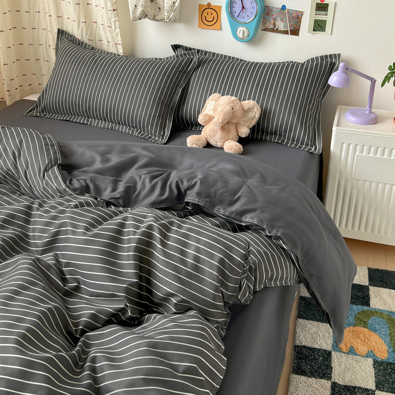 4PCS Grey Striped Bedding Set  - Linen Duvet Cover บทวิจารณ์และราคา
