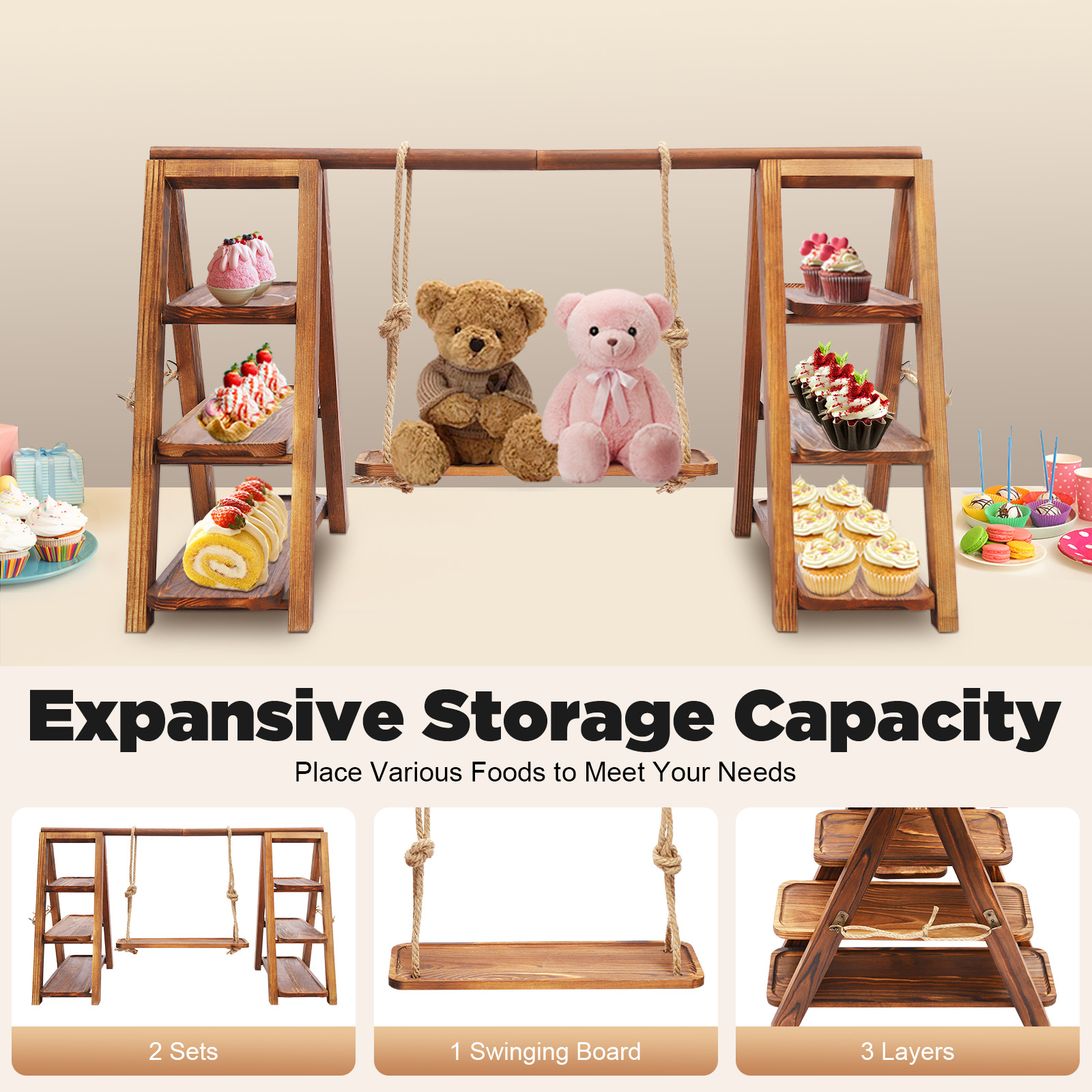 Wooden 3 Tier Cupcake Stand wi - Wooden Serving Tray บทวิจารณ์และราคา