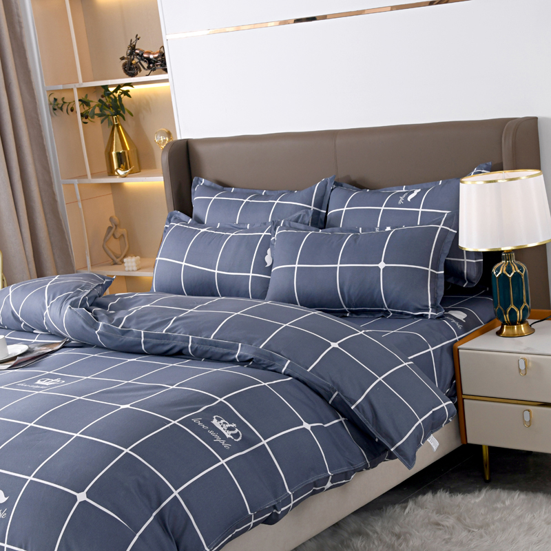 4pcs Navy Blue Grid Bedding Se - Linen Duvet Cover บทวิจารณ์และราคา
