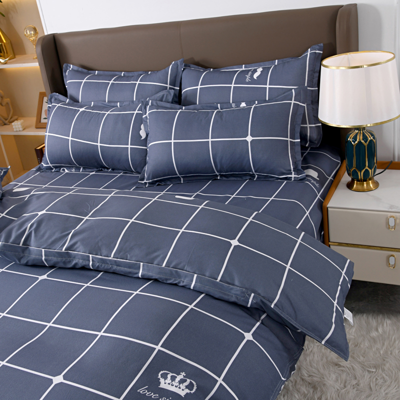 4pcs Navy Blue Grid Bedding Se - Linen Duvet Cover บทวิจารณ์และราคา