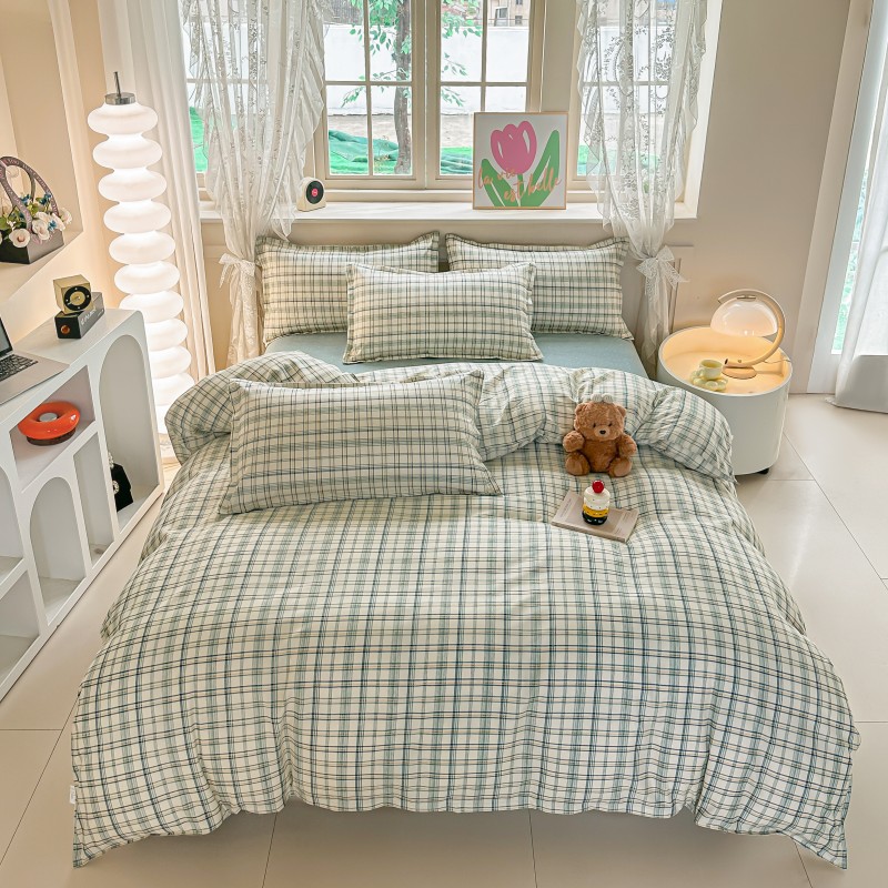4PCS Green Plaid Bedding Set,  - Linen Duvet Cover บทวิจารณ์และราคา