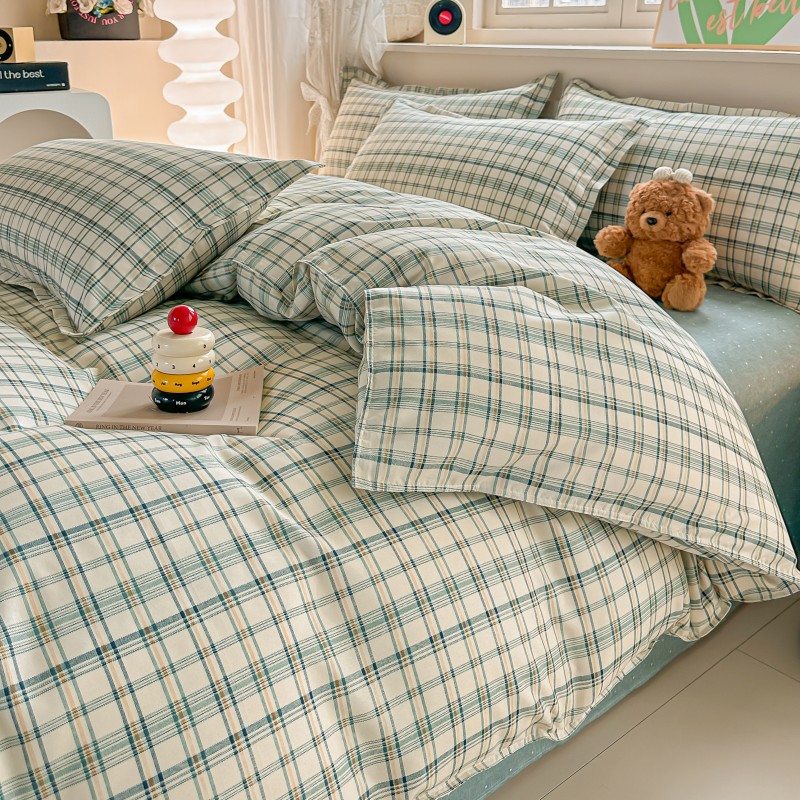 4PCS Green Plaid Bedding Set,  - Linen Duvet Cover บทวิจารณ์และราคา