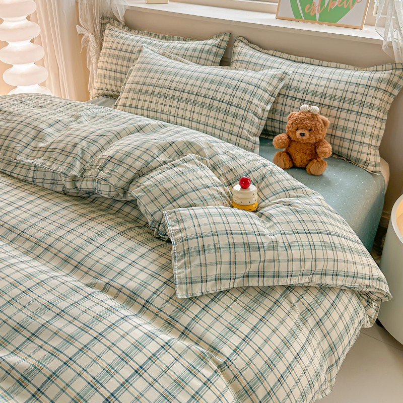 4PCS Green Plaid Bedding Set,  - Linen Duvet Cover บทวิจารณ์และราคา